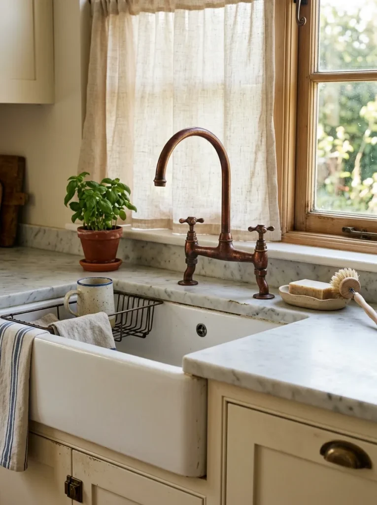 Aged copper bridge faucet with developed patina over a white farmhouse sink in a cream kitchen