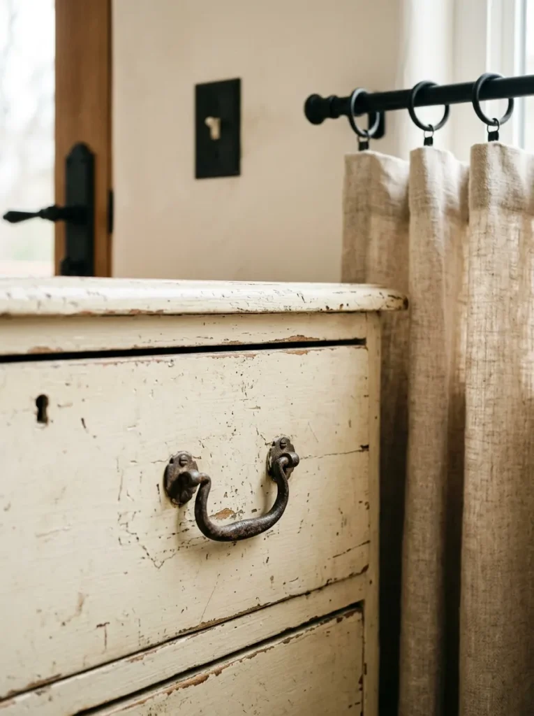 Aged iron drawer pull on a cream dresser beside a matte black curtain rod with linen curtains in a farmhouse bedroom
