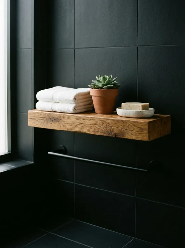Floating aged oak shelf with white towels and terracotta pot against matte black bathroom tile wall with a matte black towel bar below
