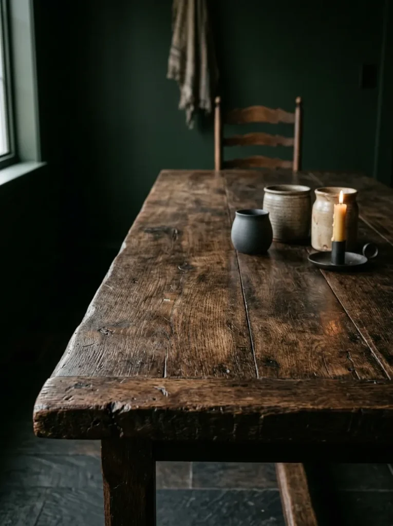 Aged reclaimed oak refectory table with visible patina and grain variation in a dark green dining room, with ceramic vessels and a candle on the surface
