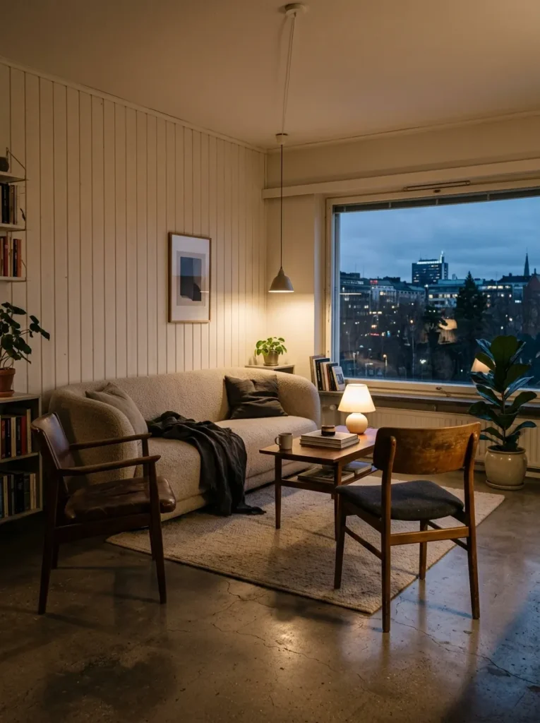 Bouclé sofa paired with two unmatched smoked oak chairs in a Helsinki Nordic living room.

