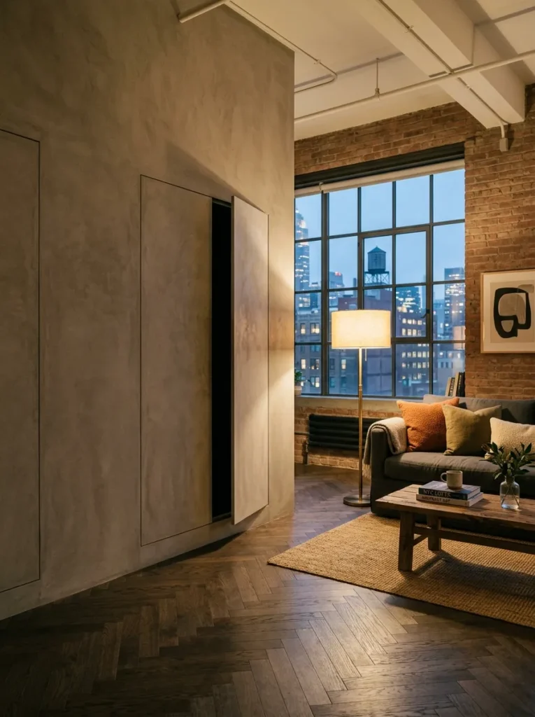 Handleless flush cabinetry blending into a microcement wall in a New York industrial loft living room.

