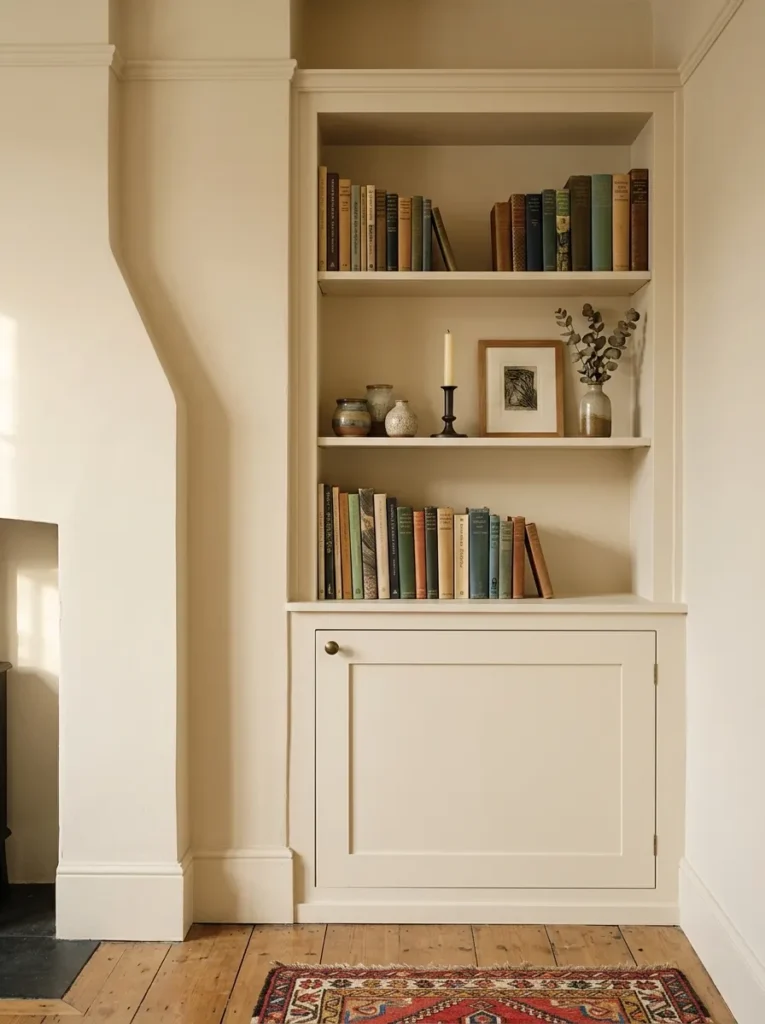 Custom built-in cabinet filling a chimney breast alcove completely, with closed lower doors and curated open shelves above in warm cream

