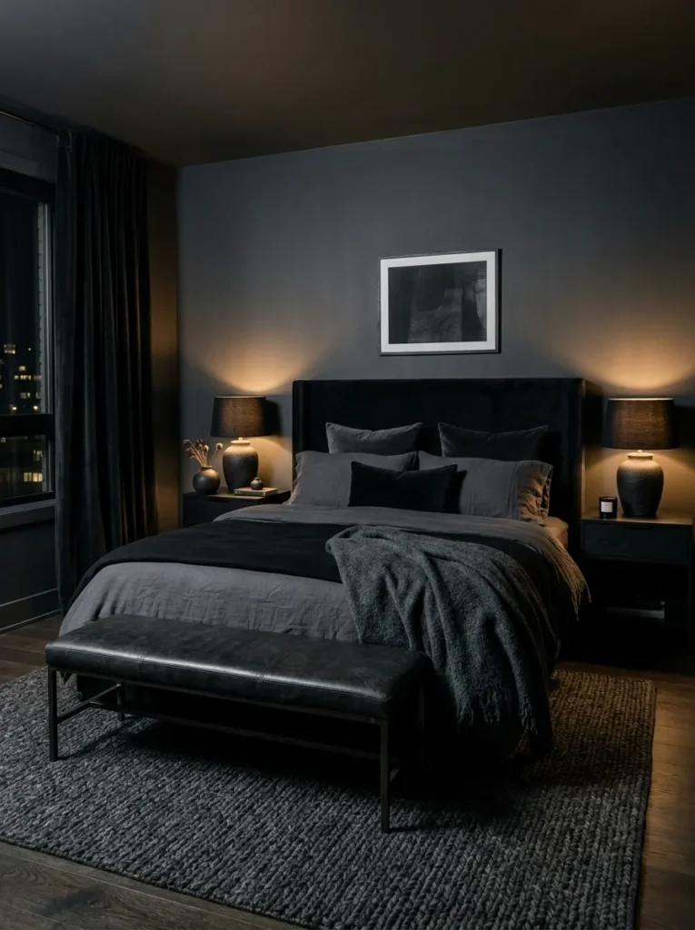 Immersive all-black bedroom with tonal variation across velvet, linen, leather, and ceramic surfaces in warm amber light
