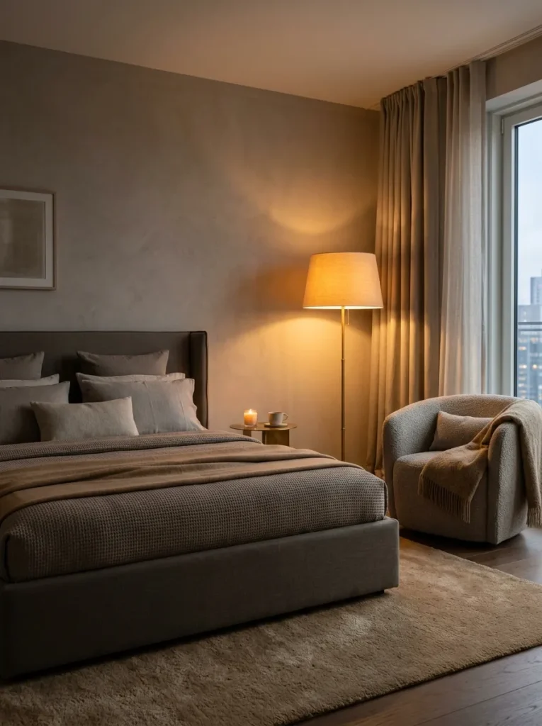  All-tonal bedroom in mushroom putty and warm taupe tones across walls, bedding, and furnishings 