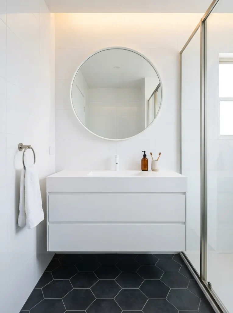 Seamless all-white solid surface vanity with integrated sink, no hardware, and contrasting dark hexagon floor tile
