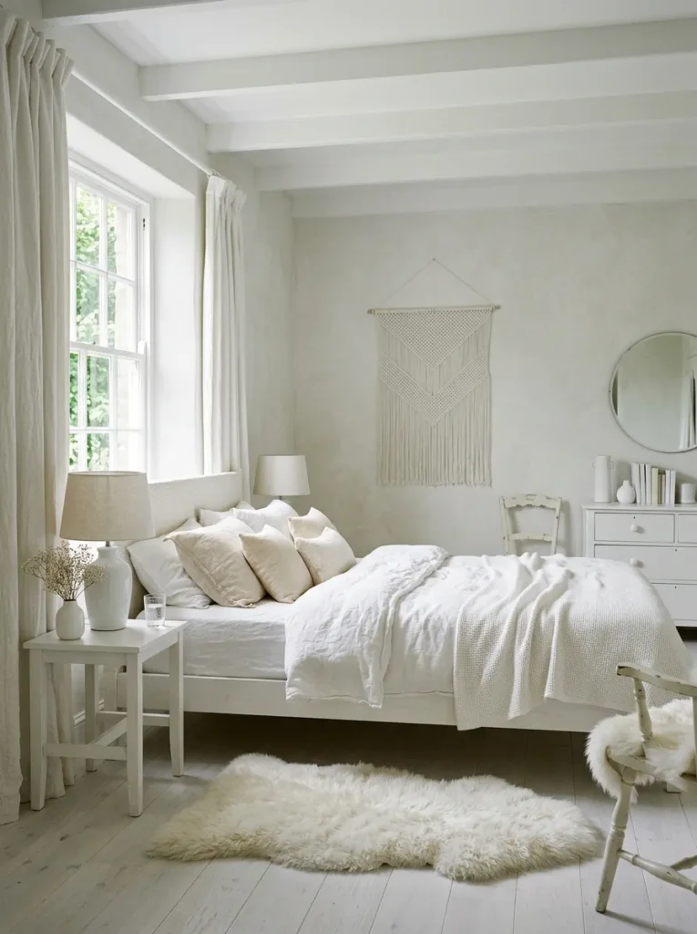 All-white feminine bedroom using matte plaster, linen, sheepskin, and ceramic for textural variation