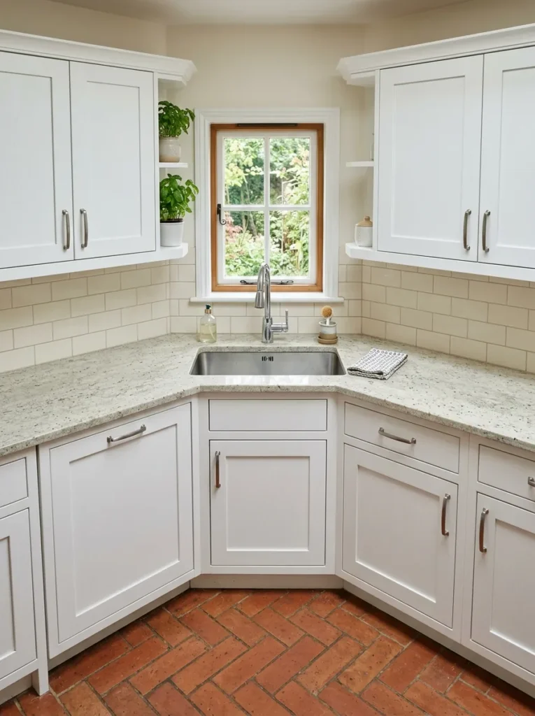 L-shaped kitchen corner with a sink positioned diagonally at a 45-degree angle under a small window
