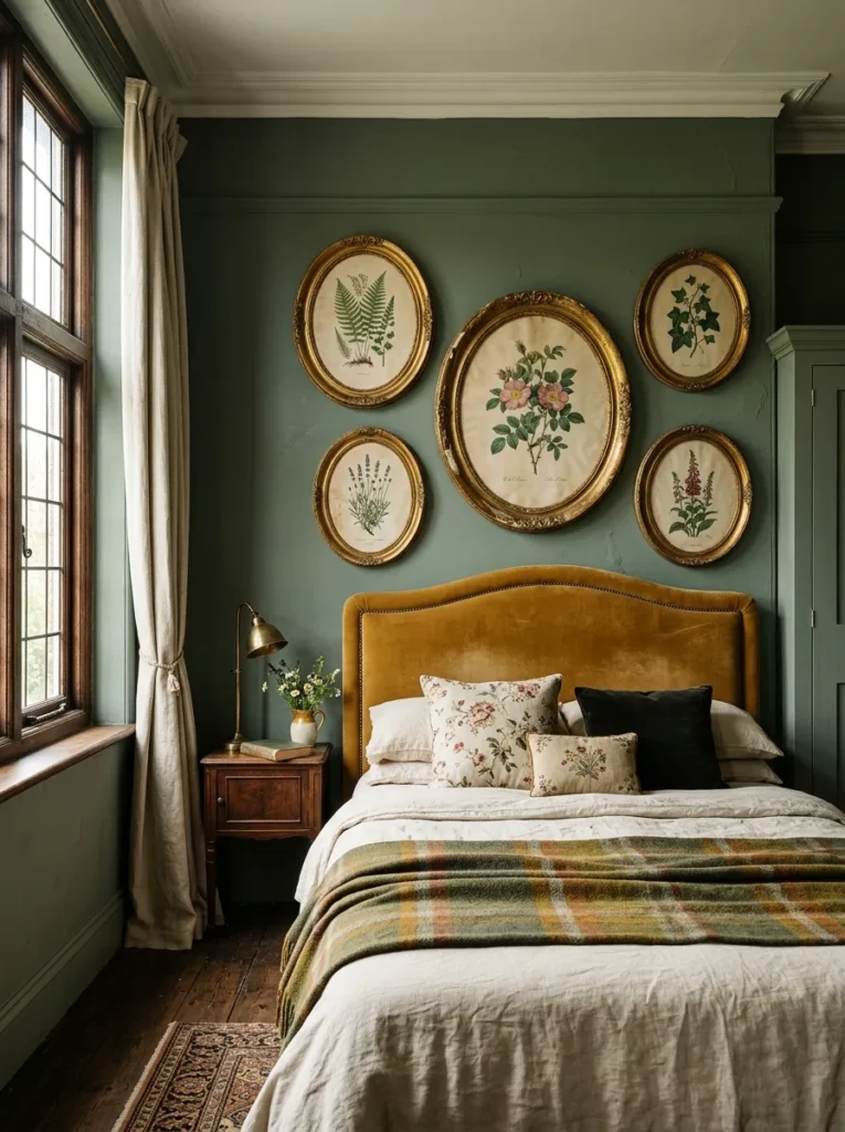 Gallery of antique botanical prints in gilded oval frames above a vintage bedroom bed 