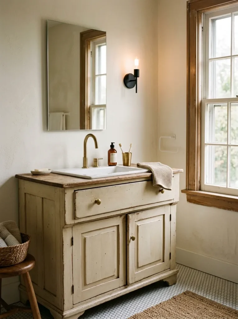 Antique cream vanity with rubbed paint edges, unlacquered brass faucet, and frameless mirror in a bathroom with penny tile floor
