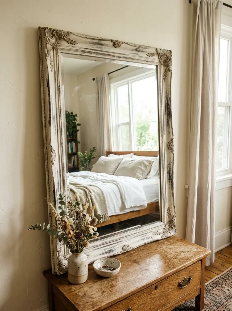 Large distressed white painted mirror leaning against a farmhouse bedroom wall above a vintage dresser
