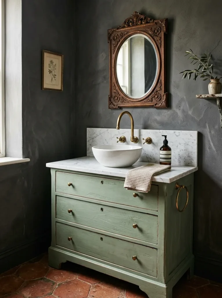 Antique dresser converted into a powder room vanity in chalky sage green with a vessel sink, brass faucet, and carved oval mirror above
