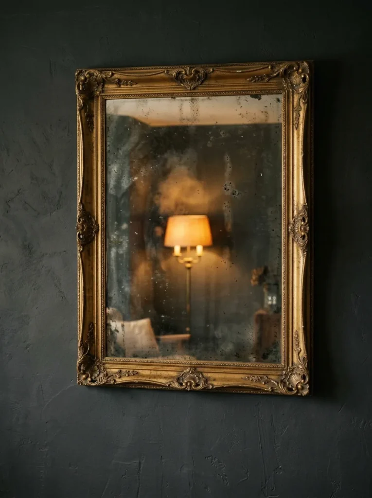 Large antique foxed mirror with a gold-leaf frame on a dark charcoal wall, reflecting a warm brass floor lamp across the room
