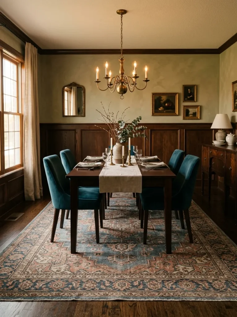 Dark dining room with a muted antique Persian rug in dusty blue and terracotta under a mahogany table with teal velvet chairs and a brass chandelier above
