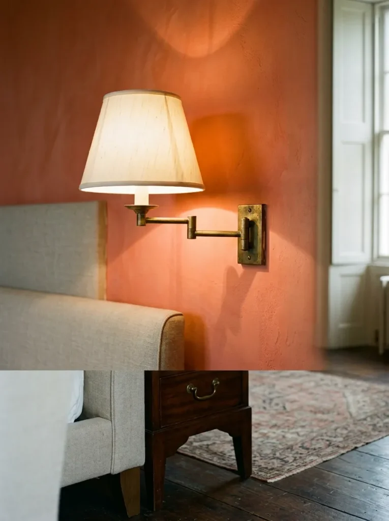  Pair of rewired antique brass wall sconces flanking a bed in a warm vintage bedroom
