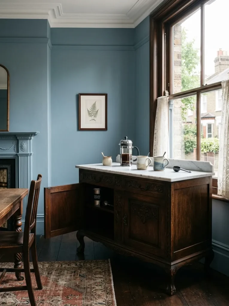 Antique wood sideboard repurposed as a freestanding coffee bar with mugs and a marble tray