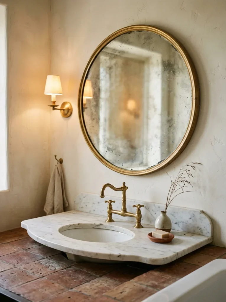 Antiqued mercury glass mirror in a gilt frame above a curved white marble vanity with unlacquered brass fixtures and warm sconce lighting
