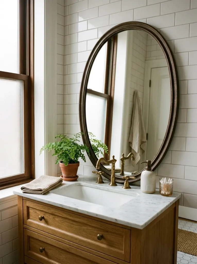 Oval dark bronze framed mirror leaning above a white bathroom basin with aged brass tap and a ceramic soap dispenser in morning light