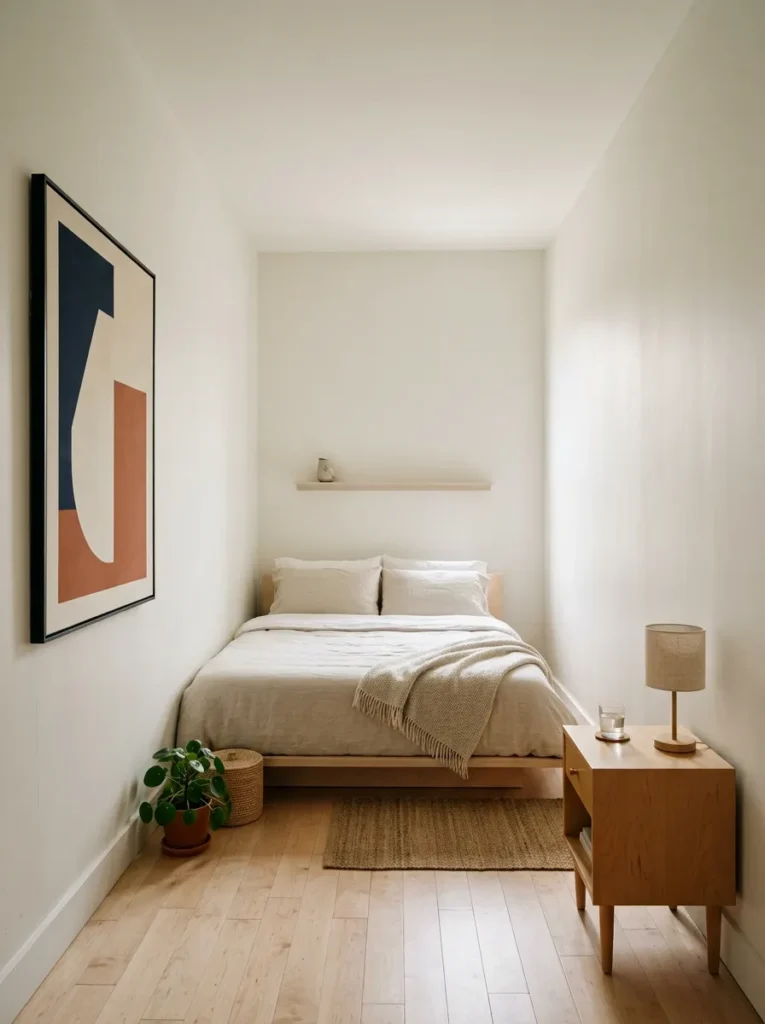 Small apartment bedroom with one large framed artwork on the left wall and the right wall left deliberately bare, showing clear floor space and simple furnishing
