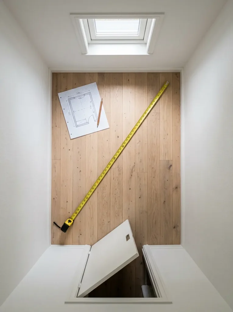 Empty apartment bedroom viewed from above with a measuring tape on pale oak floorboards and a graph-paper floor plan sketch near the window
