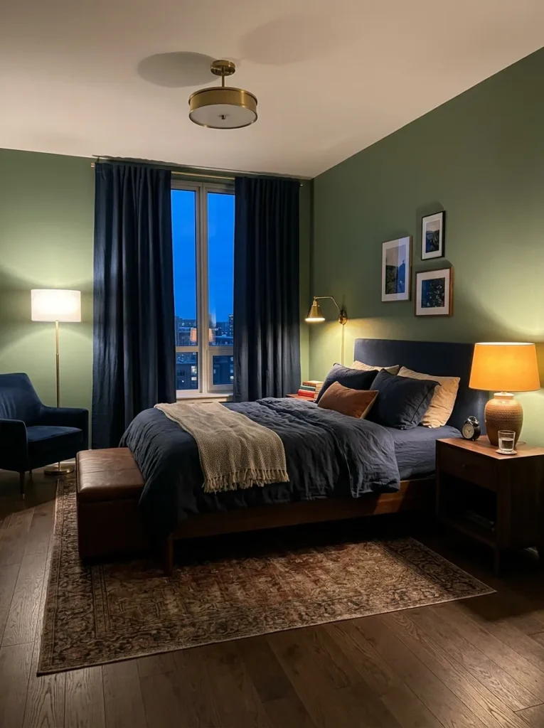 Apartment bedroom at dusk with three separate warm light sources — a floor lamp, ceramic table lamp, and plug-in sconce — replacing a single overhead fixture
