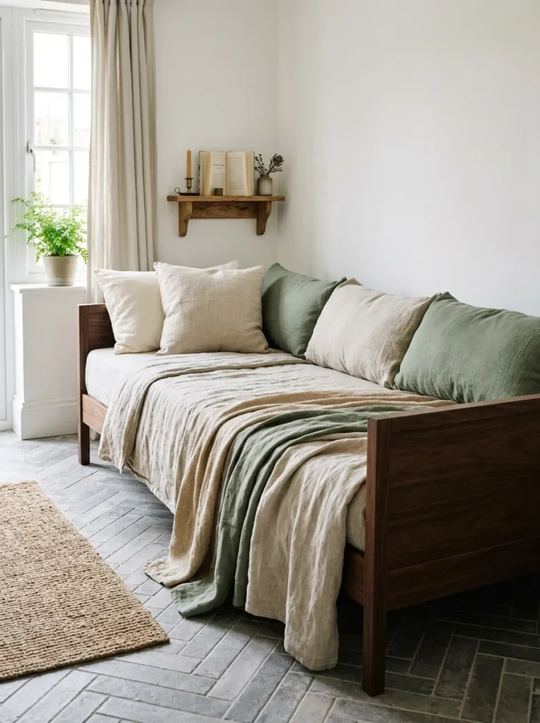 Compact daybed with walnut frame, bolster cushions, and layered oatmeal linen in a small apartment living room beside a morning window
