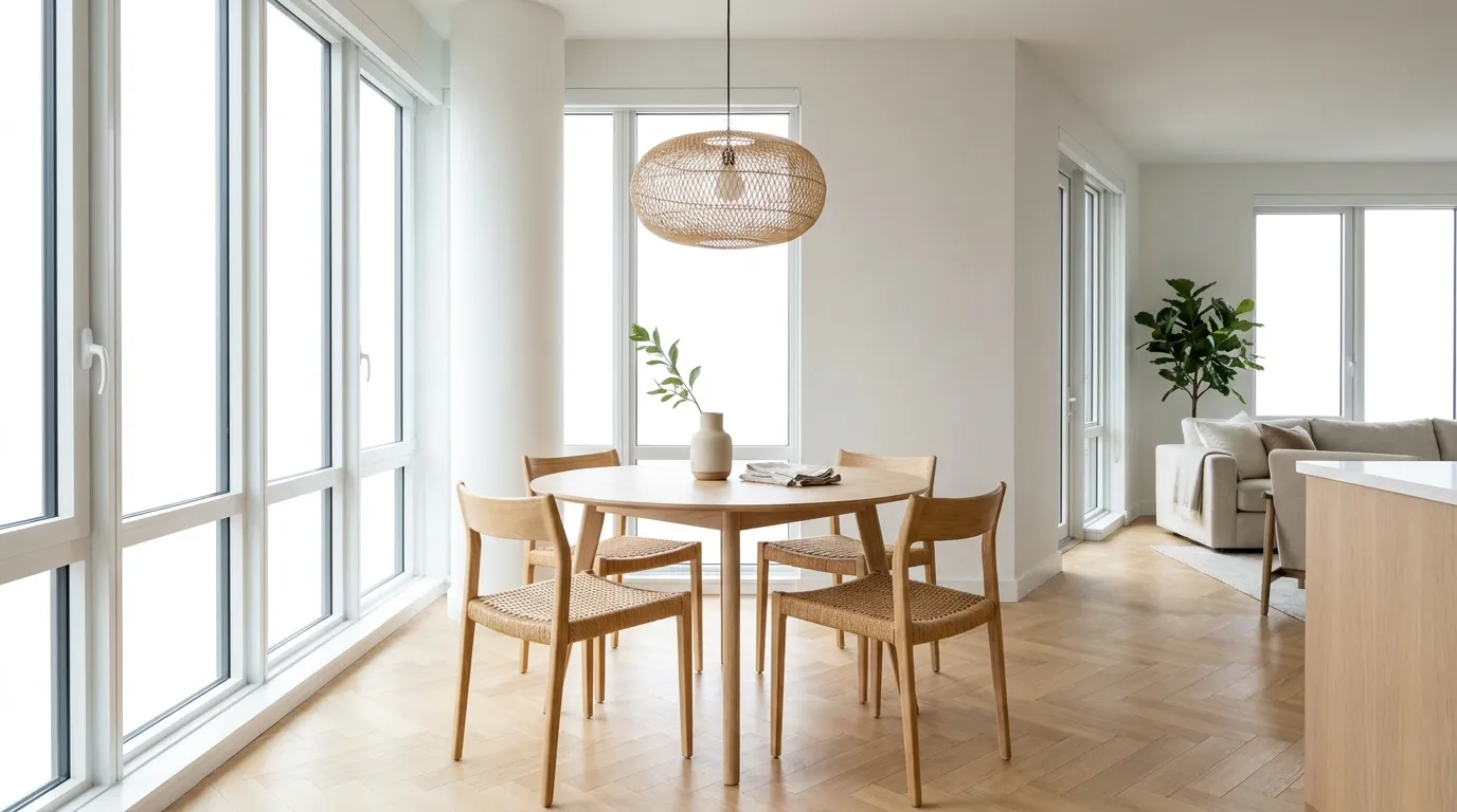 Stylish apartment dining room with a round table, pendant light, and rattan chairs in an open-plan space