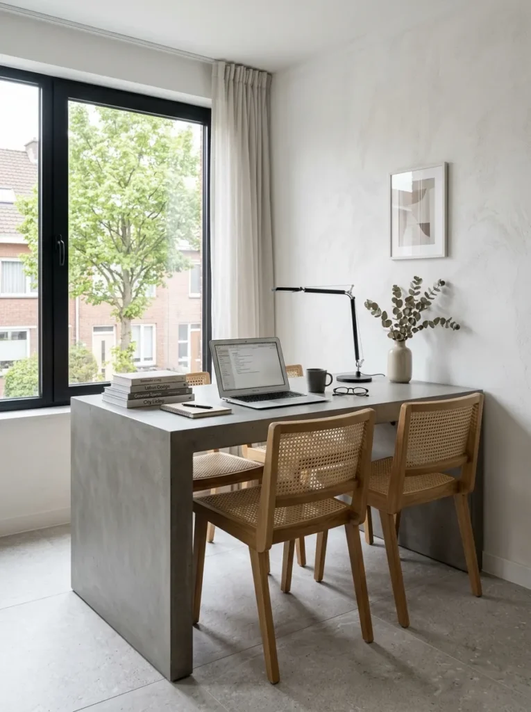 Apartment dining table styled as a work desk during the day with a laptop and task lamp