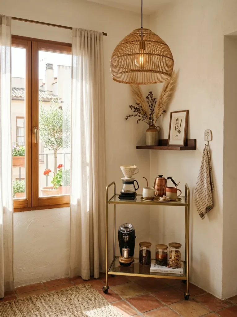 Slim brass bar cart repurposed as a coffee and prep station in a small apartment kitchen corner