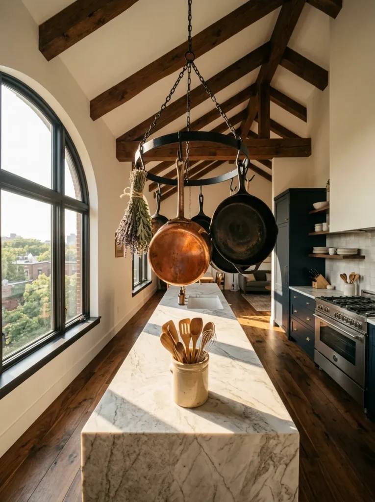 Black iron pot rack hanging from the ceiling above an apartment kitchen peninsula