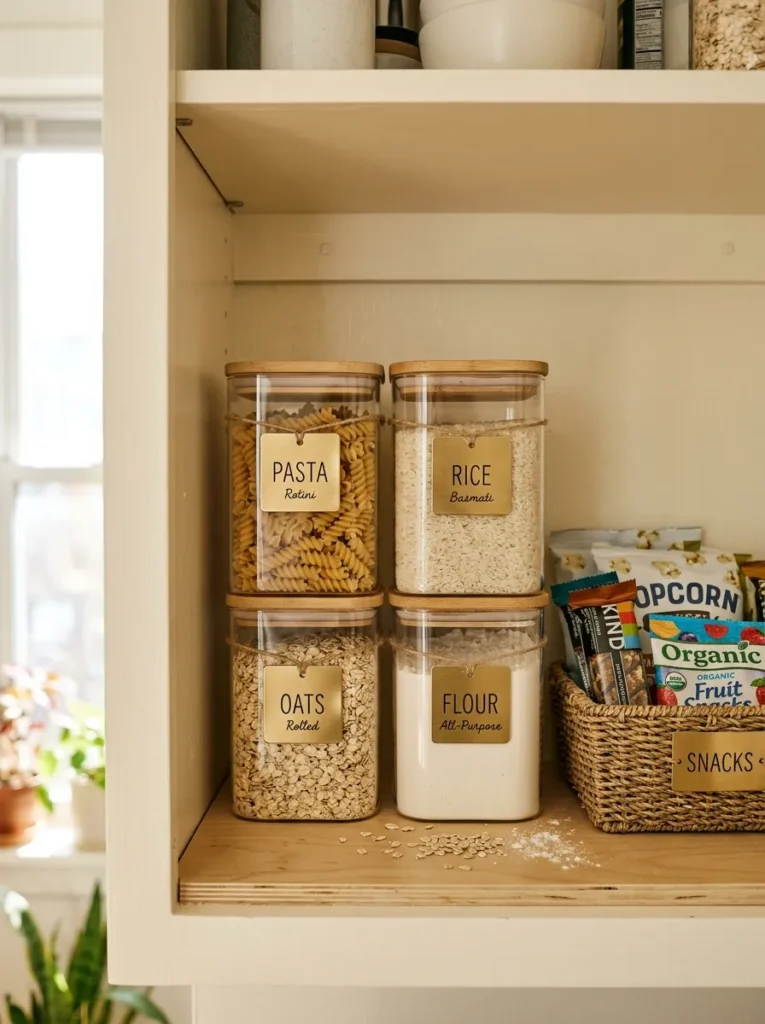 Stacked clear glass canisters filled with pasta, rice, and flour on an apartment kitchen pantry shelf