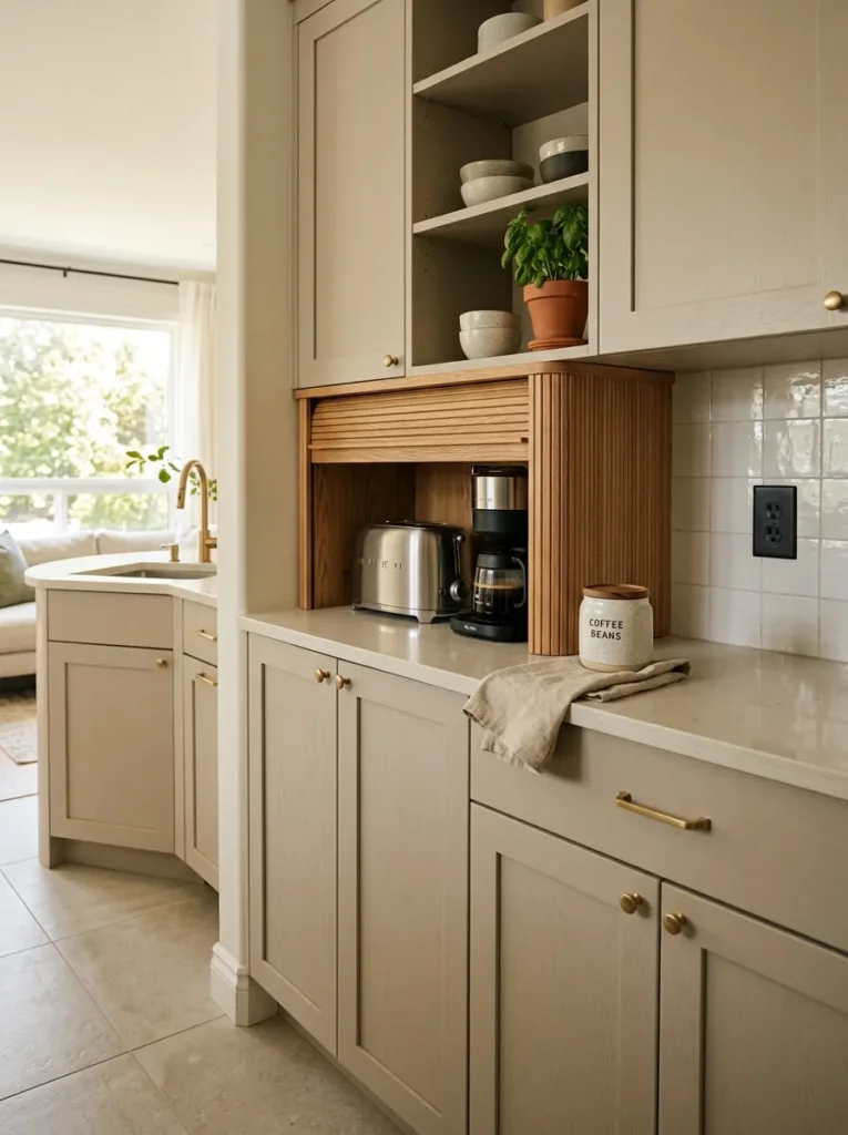 Corner appliance garage with tambour door concealing a toaster and coffee maker in an apartment kitchen