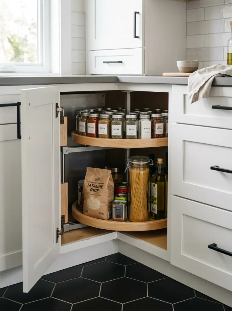 Open corner kitchen cabinet showing a rotating lazy Susan organizer filled with pantry jars