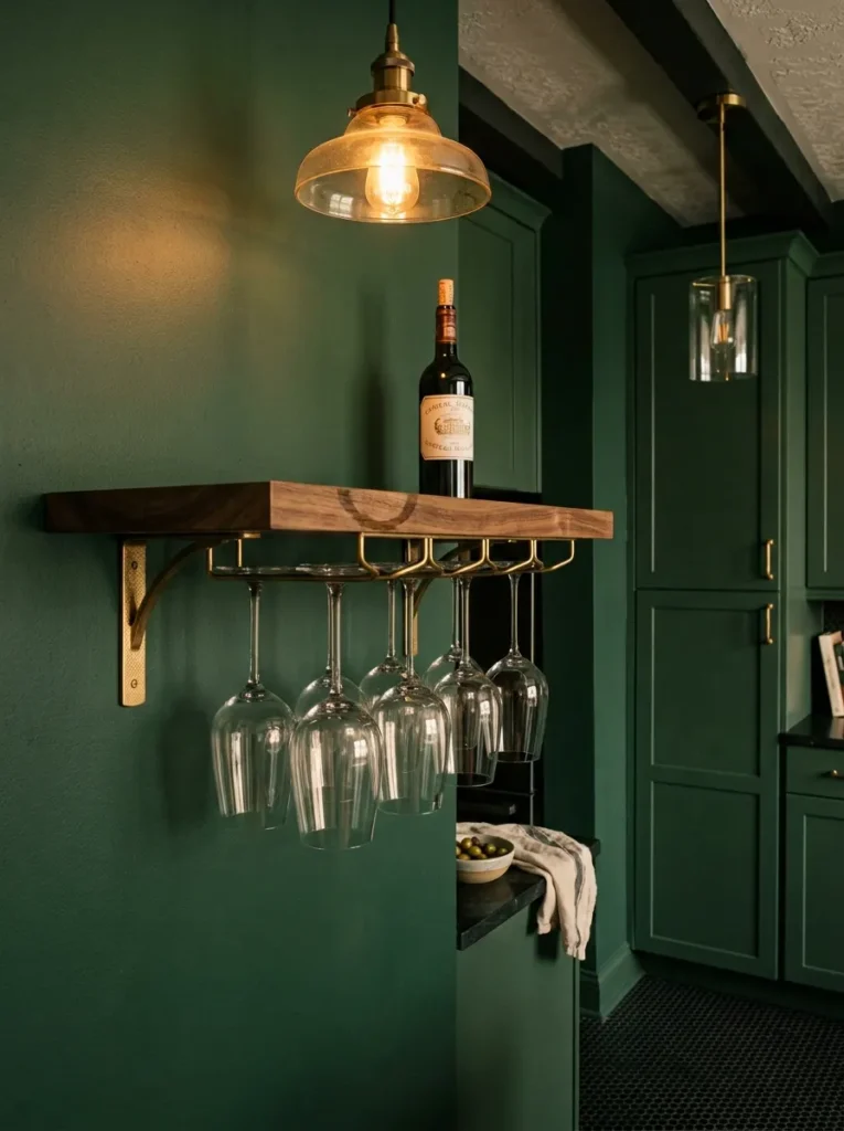 Floating wood shelf with built-in stemware rack holding wine glasses in an apartment kitchen