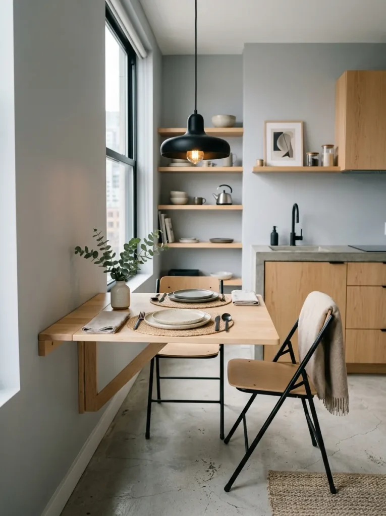 Fold-down wall-mounted dining table set for two in a small apartment kitchen