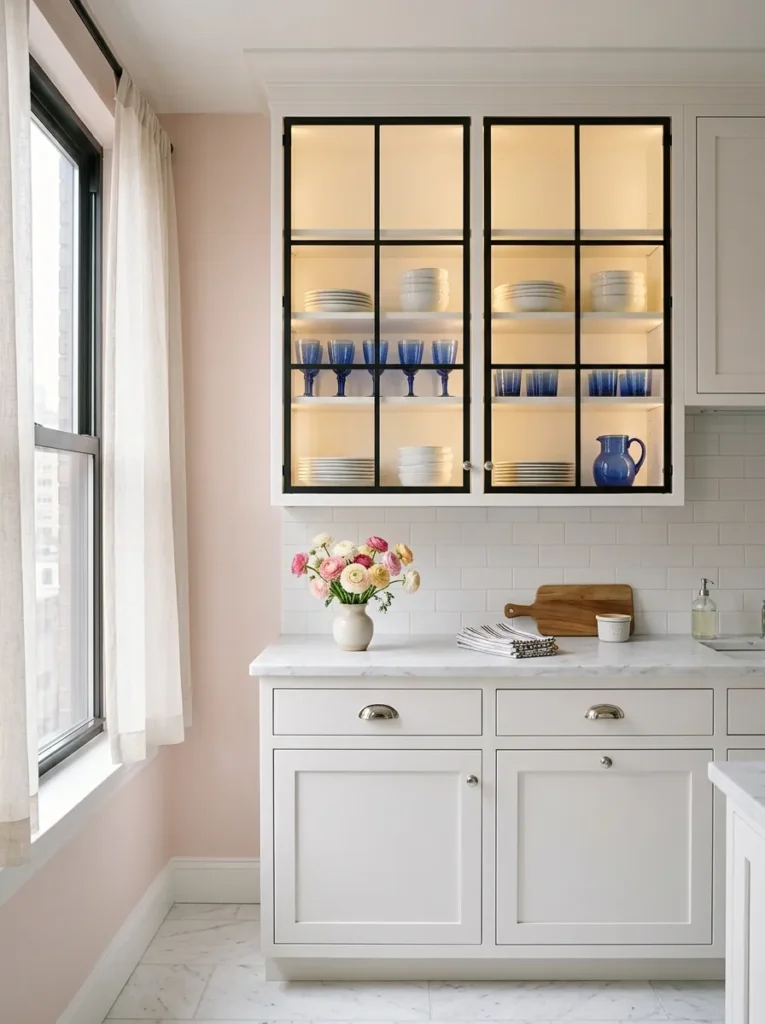 Apartment kitchen with glass-front upper cabinets displaying white and blue dishware