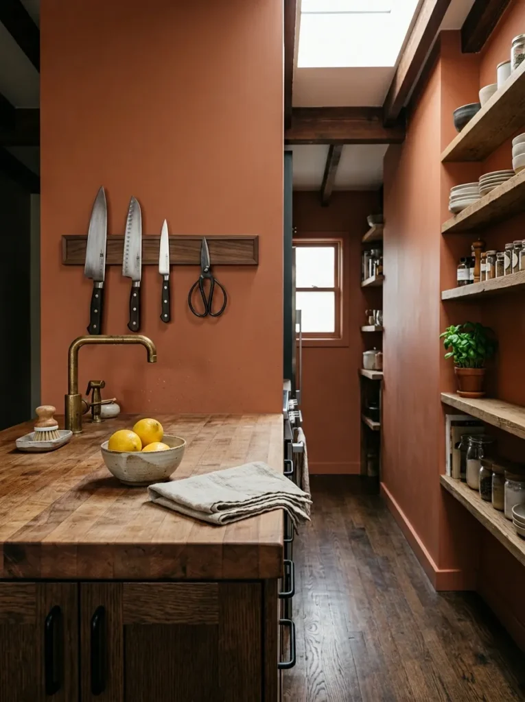Wall-mounted magnetic knife strip holding kitchen knives above an apartment kitchen counter