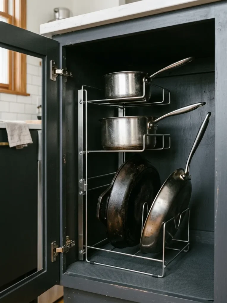 Lower cabinet with a multi-tier rack organizing pots and pans by size in an apartment kitchen