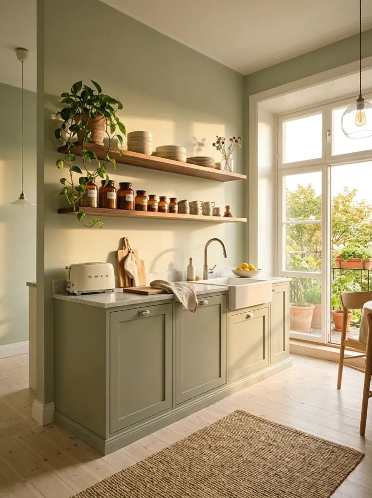 Apartment kitchen with open wood shelving displaying stacked ceramic dishware instead of upper cabinets
