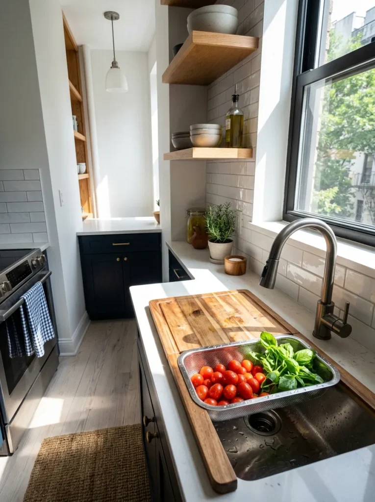 Expandable wood cutting board with colander insert placed over an apartment kitchen sink