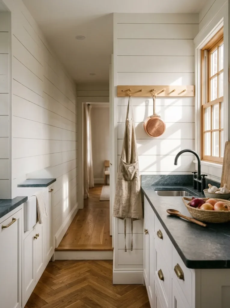 Small apartment kitchen with a wood pegboard rail holding pots and utensils above a butcher block counter