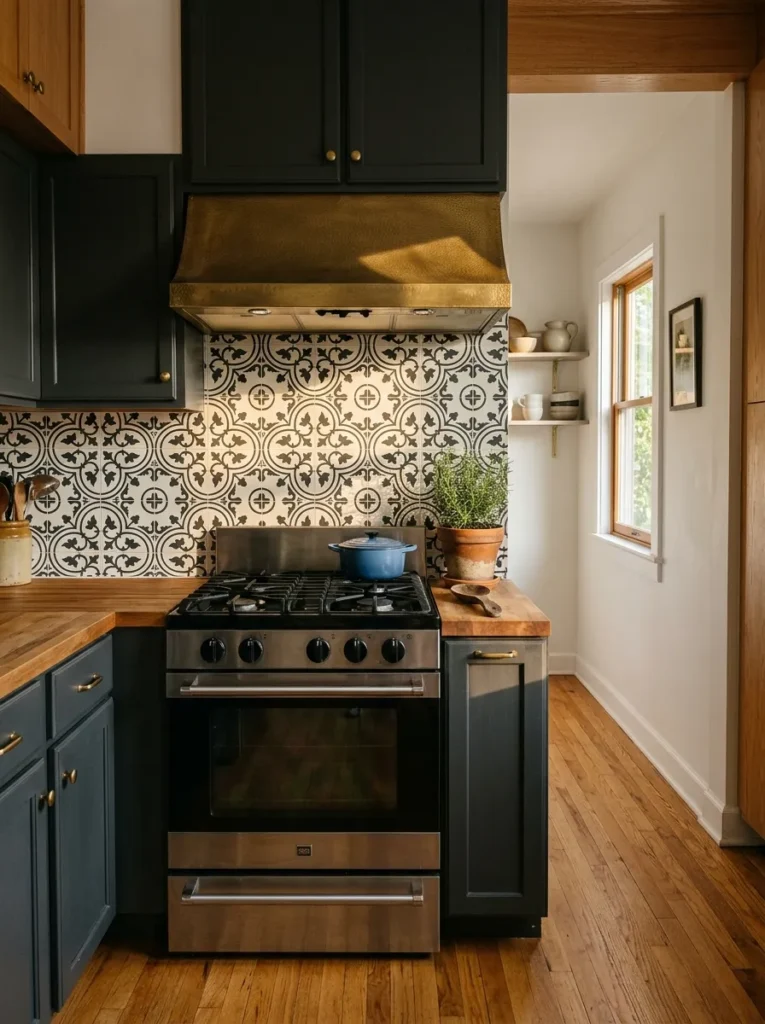 Apartment kitchen backsplash covered in patterned peel-and-stick wallpaper behind the stove