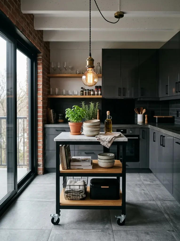 Rolling butcher block cart used as a movable island in a compact apartment kitchen
