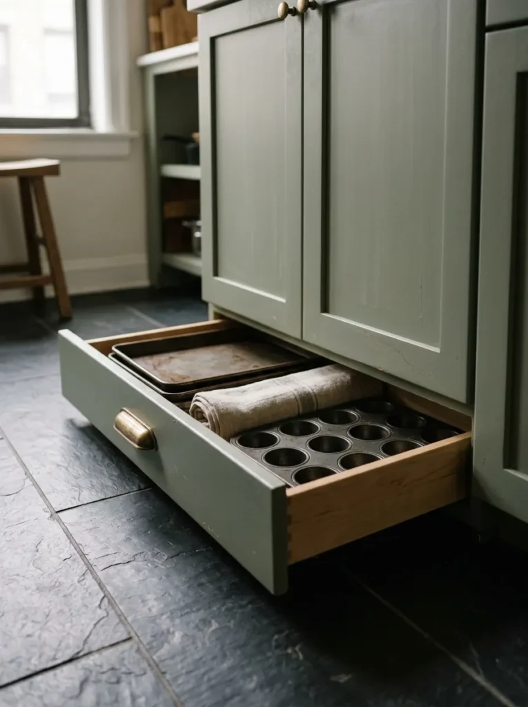 Open toe-kick drawer beneath apartment kitchen lower cabinets storing baking sheets