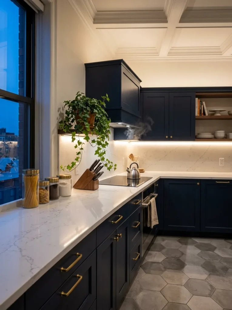 Apartment kitchen countertop illuminated by warm under-cabinet LED lighting at dusk