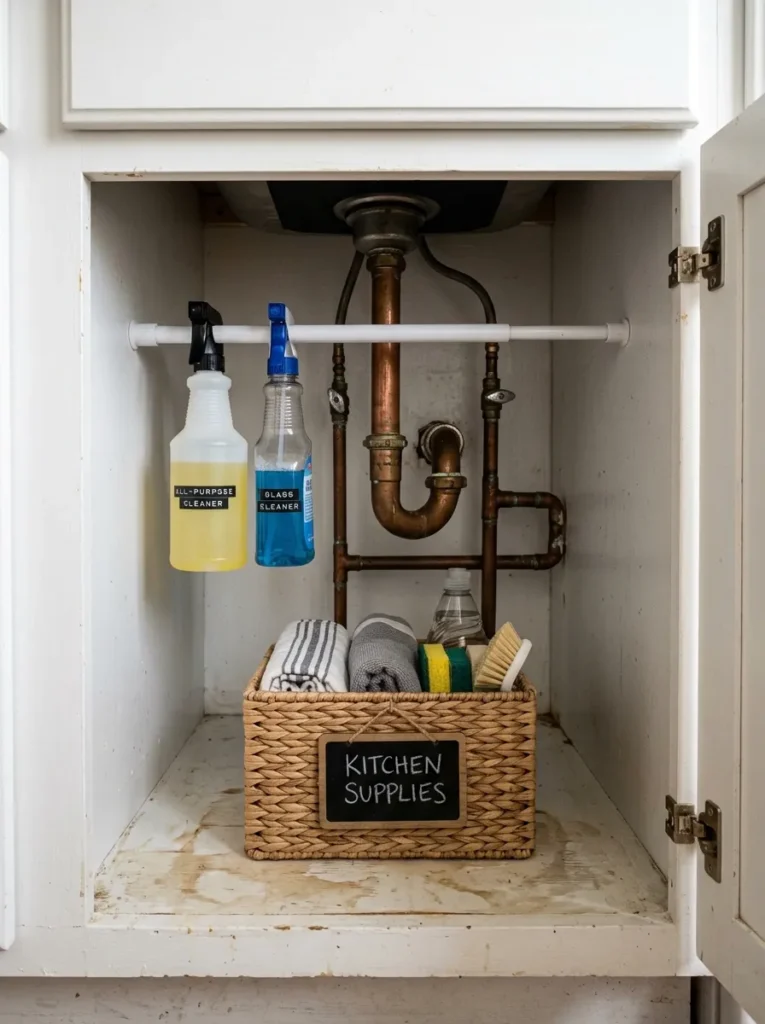 Under-sink apartment kitchen cabinet organized with a tension rod holding spray bottles