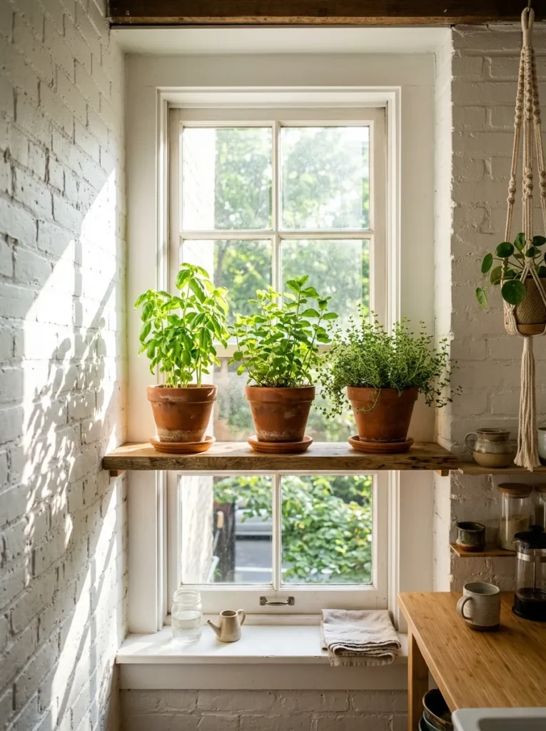 Floating shelf across an apartment kitchen window holding potted basil, mint, and thyme