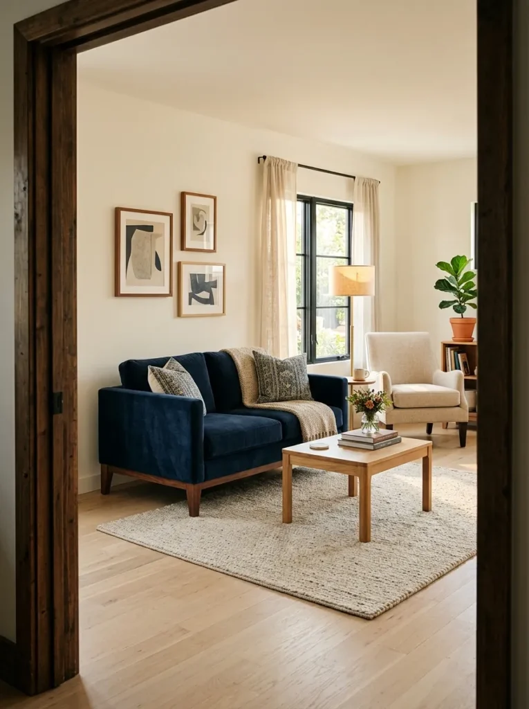 Compact navy velvet loveseat sofa in a small apartment living room with visible floor space on both sides and a reading chair in the corner