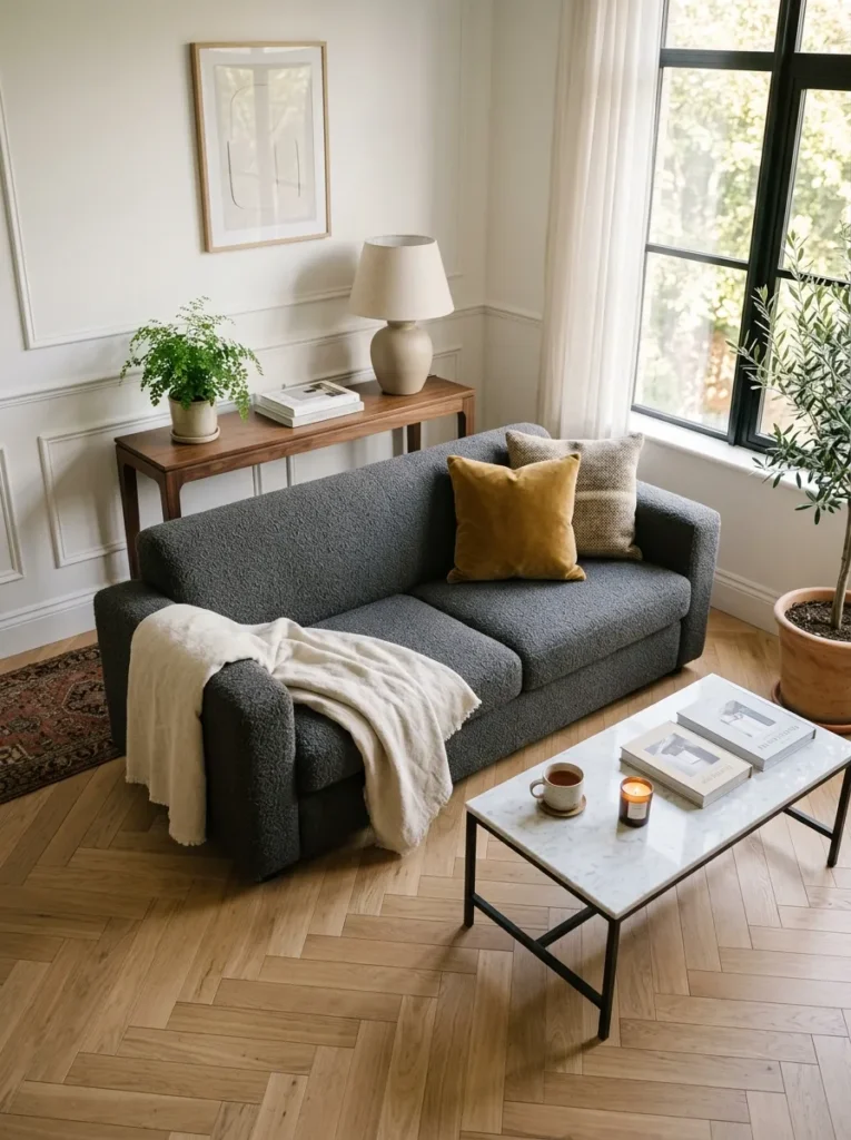 Charcoal boucle sofa floated away from the wall with a slim walnut console table tucked behind it in a small living room