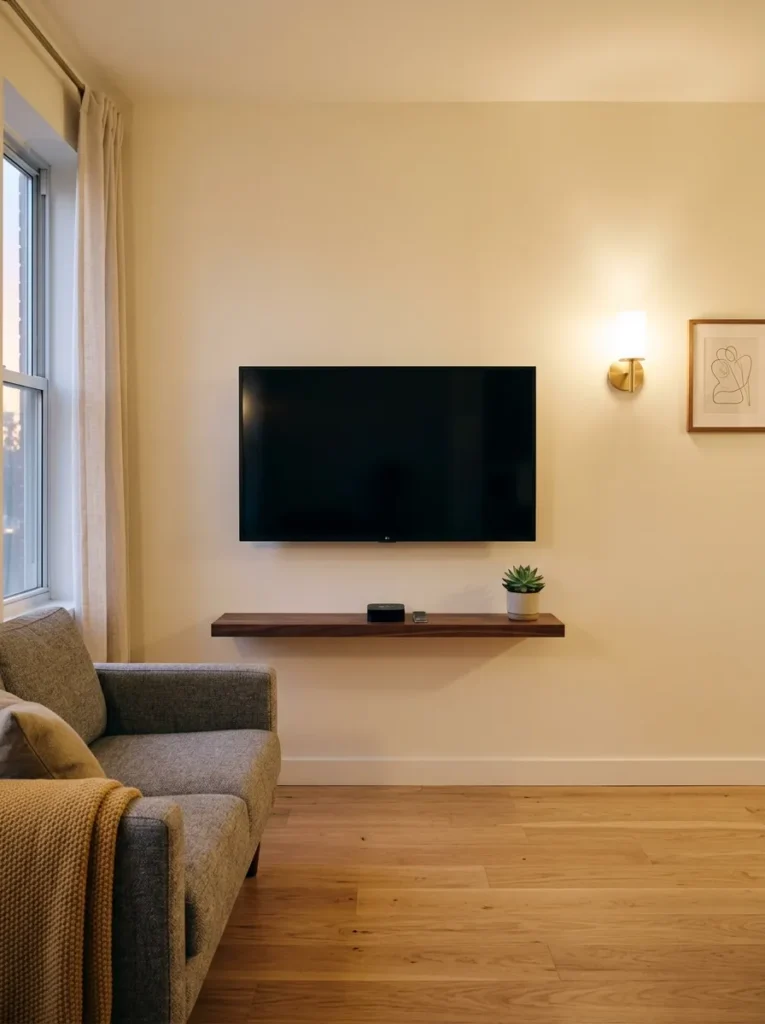 Wall-mounted TV in a small apartment with a floating walnut shelf below and clear floor space, no media console